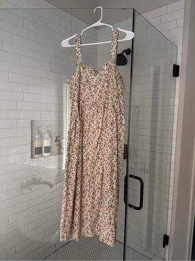 Zara Cream Floral Midi Dress with Pink and Green Print
